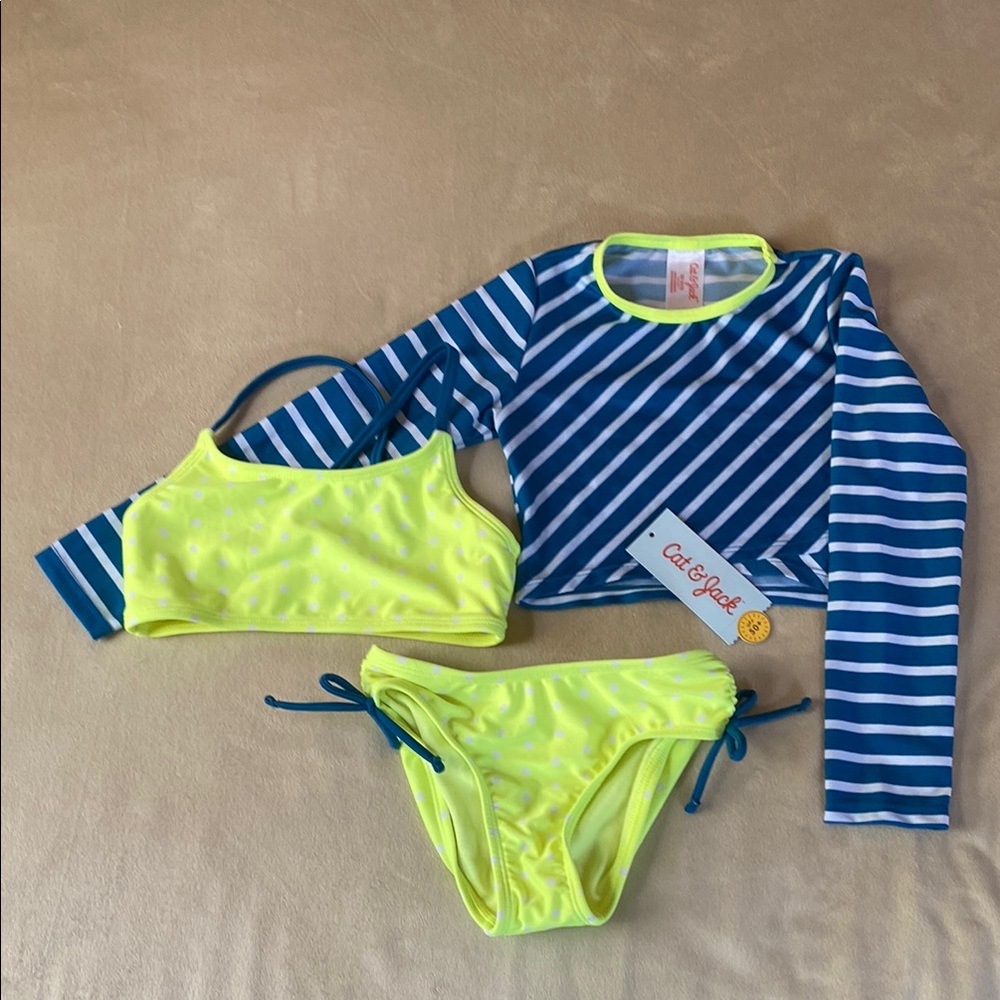 Cat & Jack Yellow Bikini with Coordinating Blue and White Striped Rash Guard